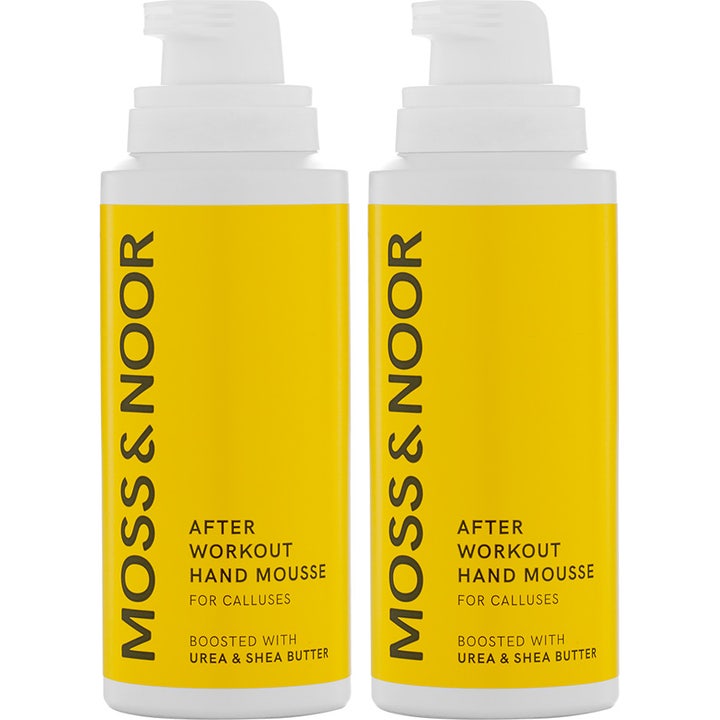 Moss & Noor After Workout Hand Mousse 2x100ml mod hård hud i hvide flasker med gule etiketter og pumpe