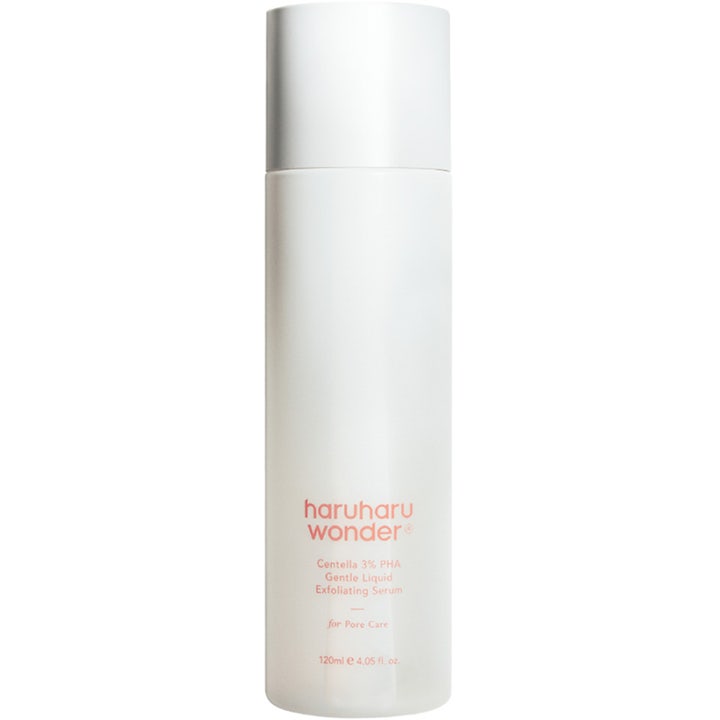 haruharu wonder Centella 3% PHA Gentle Liquid Exfoliating Serum 120 ml giver porepleje i hvid minimalistisk flaske