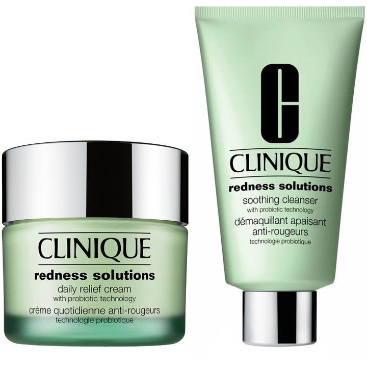 Clinique Redness Solutions beroligende creme og rens der dæmper rødme i lysegrøn krukke og tube
