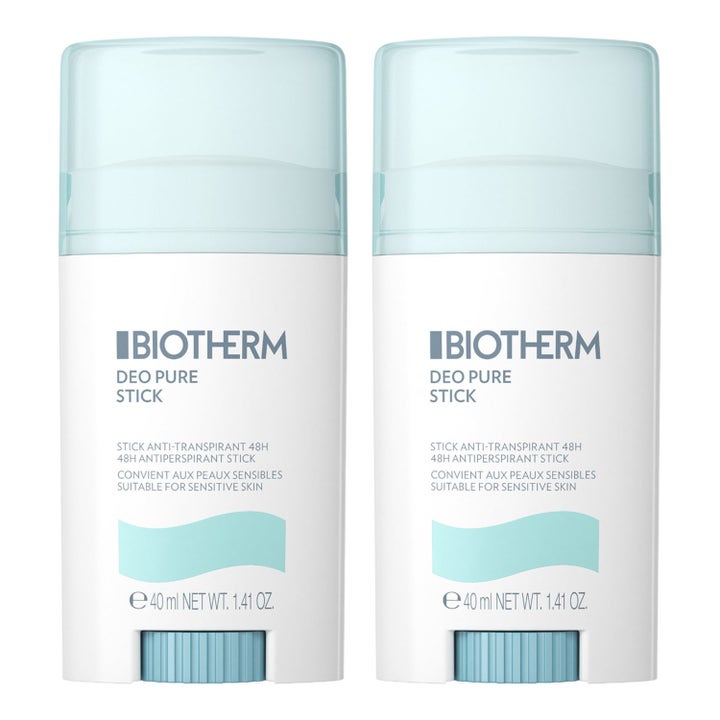 Biotherm Deo Pure Stick 40 ml anti-transpirant til sensitiv hud i hvide beholdere med lyseblå gennemsigtige låg.