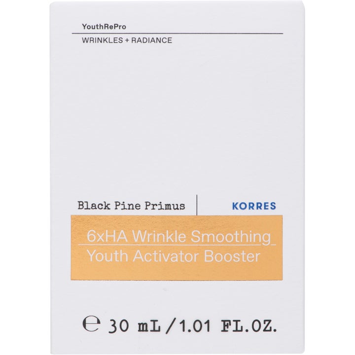 KORRES Black Pine Primus 6xHA Wrinkle Smoothing 30 ml udglattende ansigtsserum i hvid papæske med orange felt.