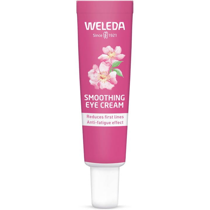Weleda Smoothing Eye Cream udglattende øjencreme i pink tube med blomstermotiv der reducerer fine linjer.