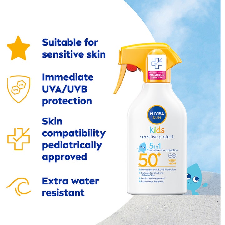 NIVEA Kids Sensitive Protect & Play 270 ml solspray SPF50+ med gul spraypumpe mod hvid baggrund