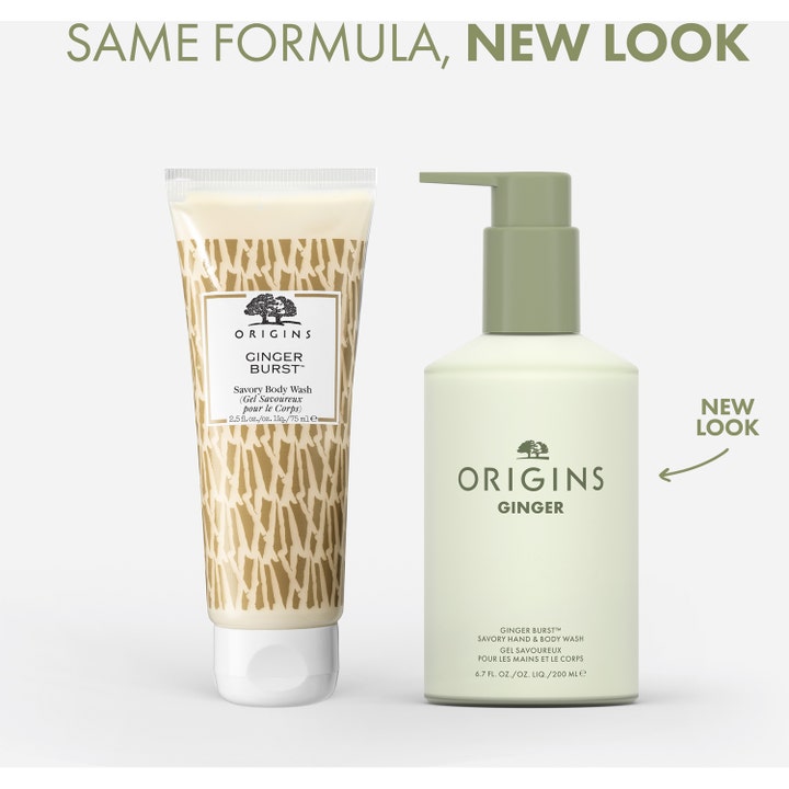 Origins Ginger Burst Savory Hand & Body Wash 200 ml i lysegrøn pumpeflaske med teksten same formula new look