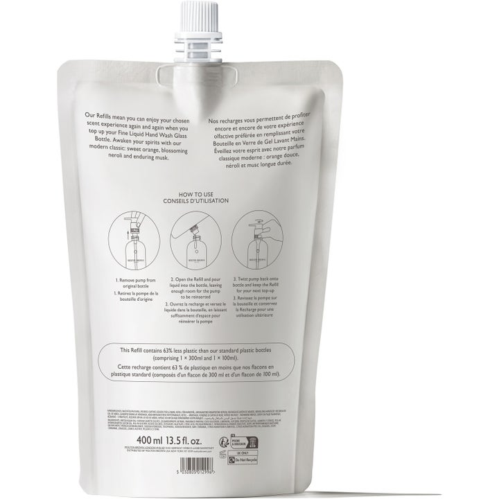 Molton Brown Orange & Bergamot Hand Wash Refill 400 ml i pose med instruktioner til genopfyldning