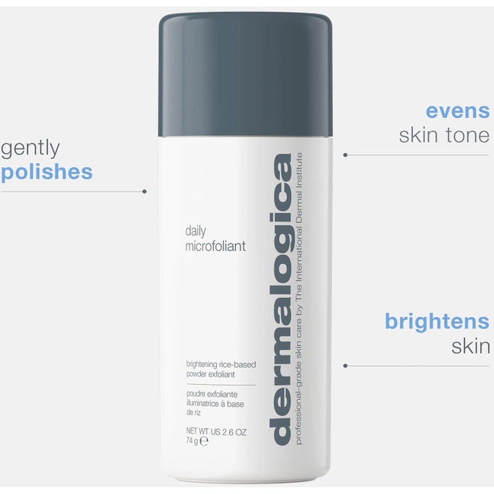 Dermalogica Daily Microfoliant 74 g peeling udjævner hudtonen og lysner huden i hvid flaske med gråt låg.