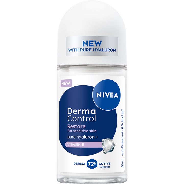 Nivea Derma Control Restore 50 ml anti-perspirant med hyaluron i gennemsigtig roll-on flaske med hvidt låg