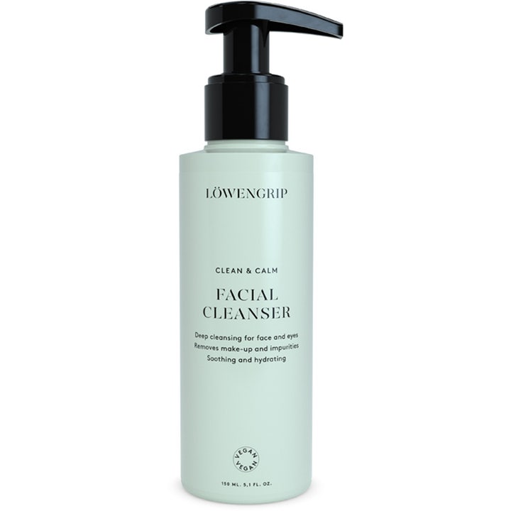 Löwengrip Clean & Calm Facial Cleanser 150 ml beroligende ansigtsrens der fugter huden i lysegrøn flaske med sort pumpe