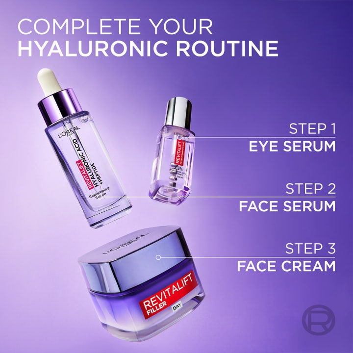 L'Oréal Paris Revitalift Filler 30 ml fugtgivende serum vist i en tre-trins rutine med øjenserum og ansigtscreme.