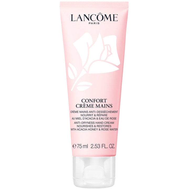 Lancôme Confort Crème Mains 75 ml plejende håndcreme i lyserød tube med hvid rose og gennemsigtigt låg