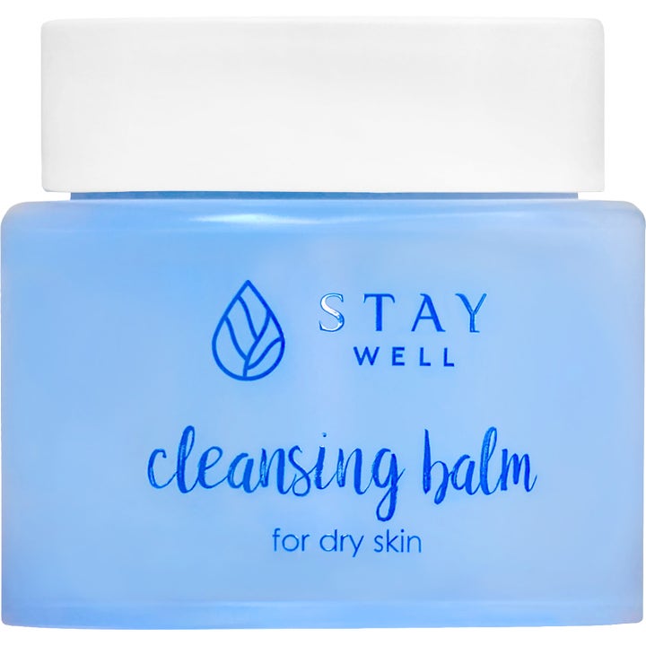 Stay Well Cleansing Balm fugtgivende ansigtsrens til tør hud i en lyseblå krukke med hvidt låg