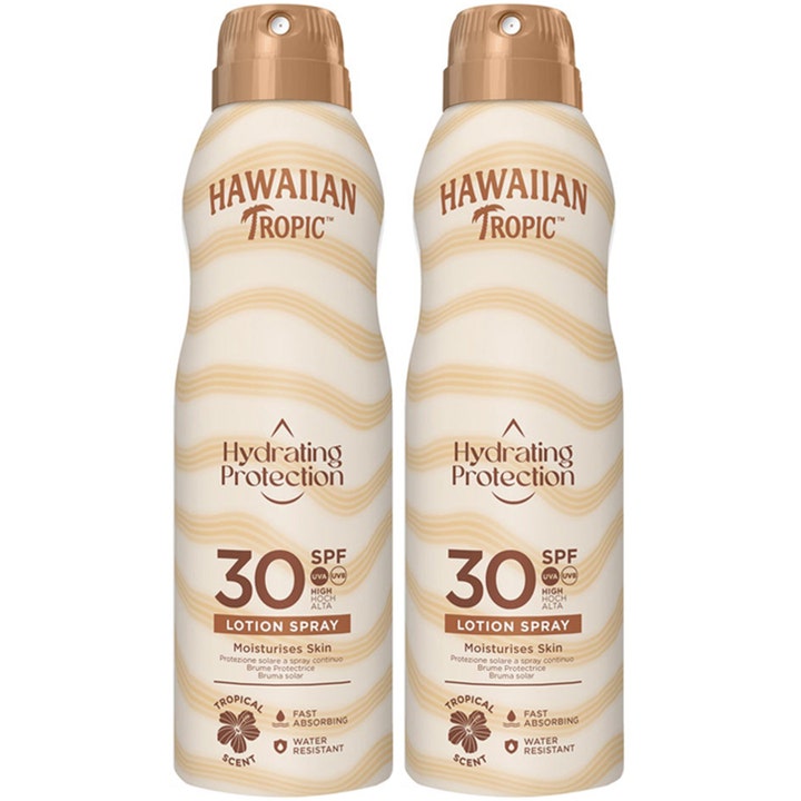 Hawaiian Tropic Hydrating Protection SPF 30 2-pak fugtgivende solspray i beige flasker med bølgemønster og bronzelåg