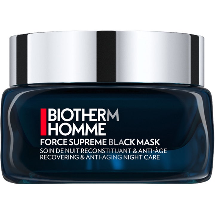 Biotherm Homme Force Supreme Black Mask anti-aging natmaske i mørkeblå glaskrukke med et blankt sølvlåg.