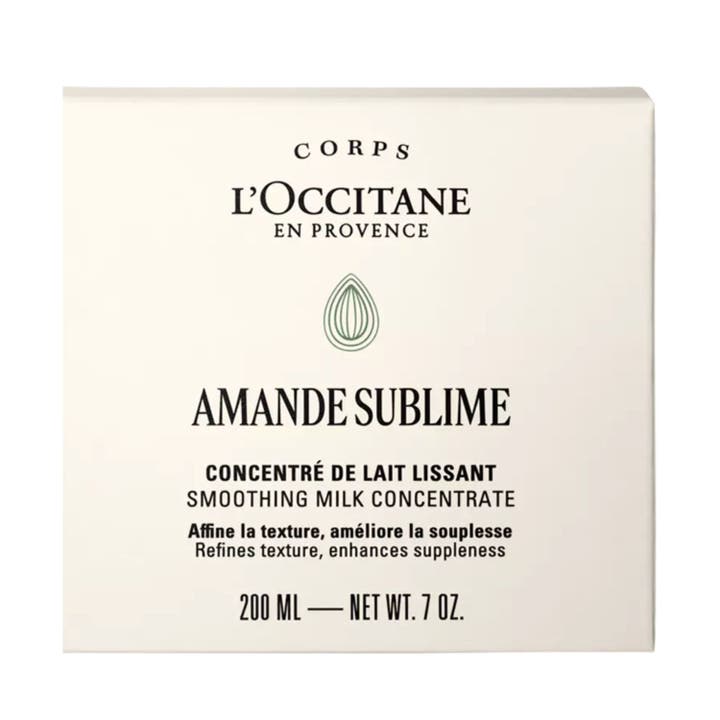 L'Occitane Almond Milk Concentrate 200 ml opstrammende bodylotion i salviegrøn og hvid yderemballage