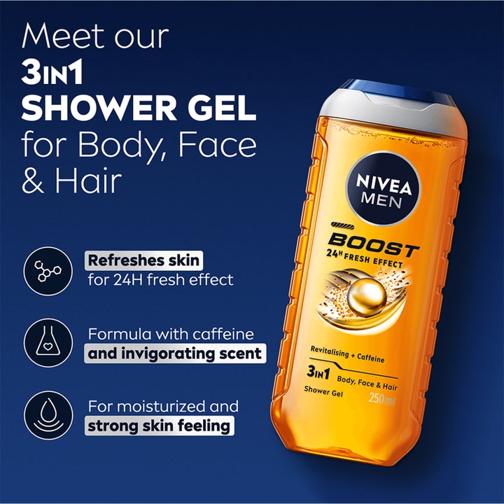 NIVEA Men Boost Shower Gel 250 ml opfriskende 3-i-1 bodyshampoo med koffein i orange gennemsigtig flaske
