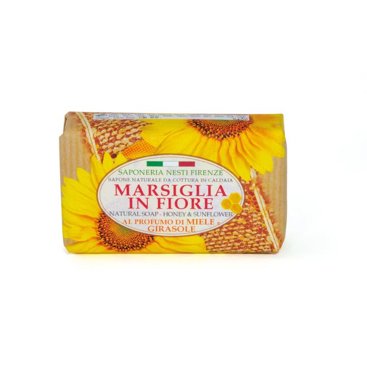 Nesti Firenze Marsiglia In Fiore Honey & Sunflower 100g plejende fast sæbe med motiv af solsikker