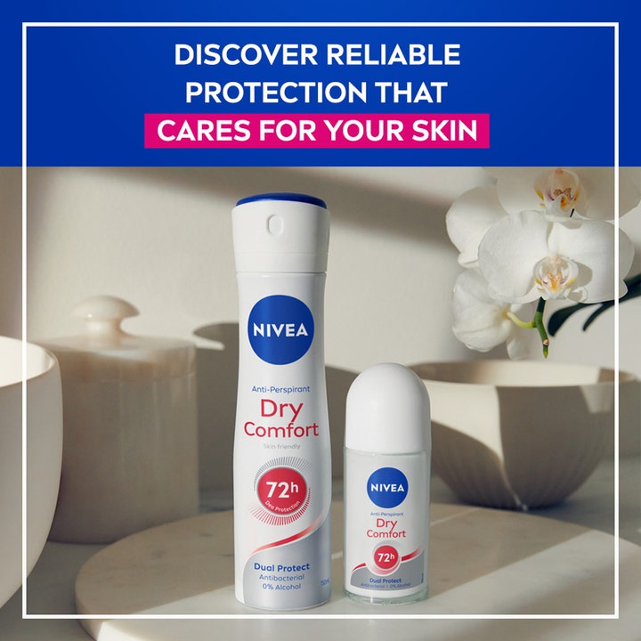NIVEA Dry Comfort Roll On Mini 25 ml deodorant giver 72 timers beskyttelse vist i hvid flaske med hvide orkidéer