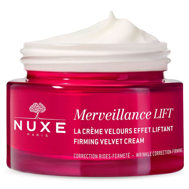 Nuxe Merveillance LIFT Firming Velvet Cream 50 ml opstrammende dagcreme i rød glaskrukke med hvid tekstur