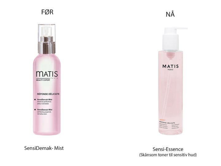 Matis Sensi-Essence 200 ml beroligende toner til sensitiv hud i sammenligning mellem gammelt og nyt design