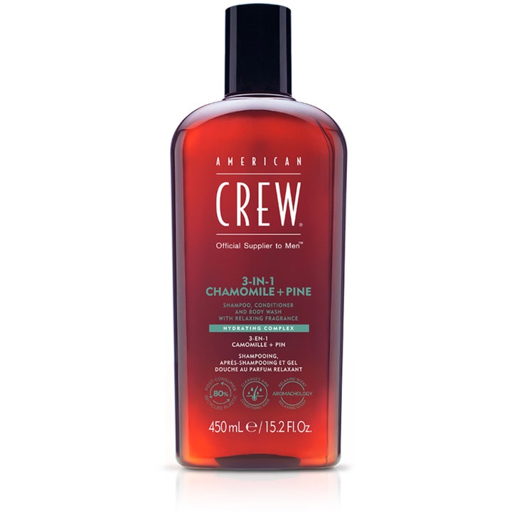 American Crew 3-in-1 Chamomile + Pine 450 ml fugtgivende alt-i-en vask i brun gennemsigtig flaske med sort låg