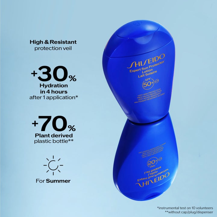 Shiseido Global Sun Care Lotion 300 ml fugtgivende solcreme i blå plastflaske giver SPF 50+ og høj beskyttelse