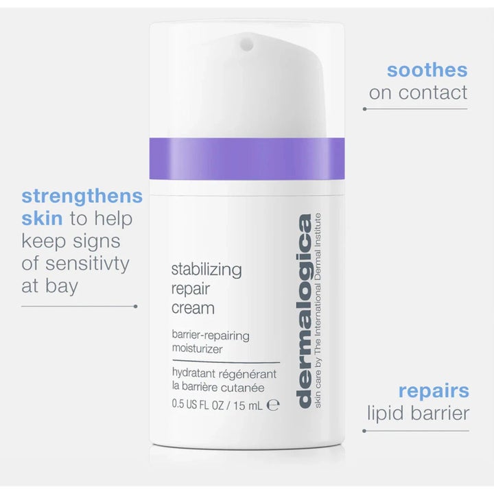 Dermalogica Stabilizing Repair Cream 15 ml beroligende ansigtscreme i hvid pumpeflaske med lilla bånd og tekst