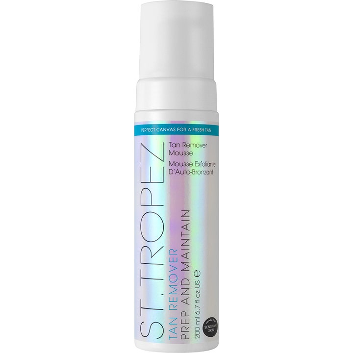 St. Tropez Tan Remover Mousse 200 ml eksfolierende rens i hvid flaske med skinnende holografisk etiket og pumpe
