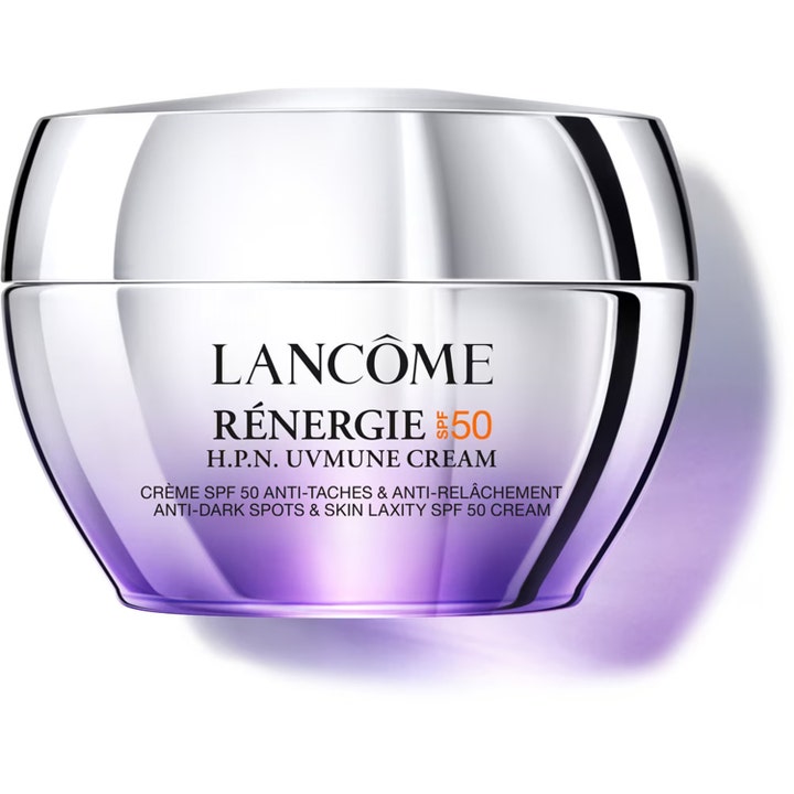 Lancôme Rénergie H.P.N. Uvmune Cream SPF 50 ansigtscreme mod mørke pletter og slap hud i metallisk krukke med lilla bund