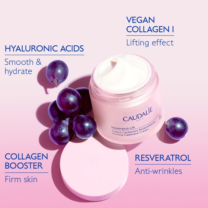 Caudalie Resveratrol-Lift Firming Cashmere Cream 50 ml dagcreme med resveratrol i pink krukke og lilla druer.