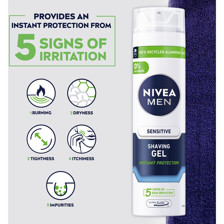 NIVEA Sensitive Shaving Gel 200 ml alkoholfri barbergel i hvid dåse med oversigt over 5 tegn på irritation.