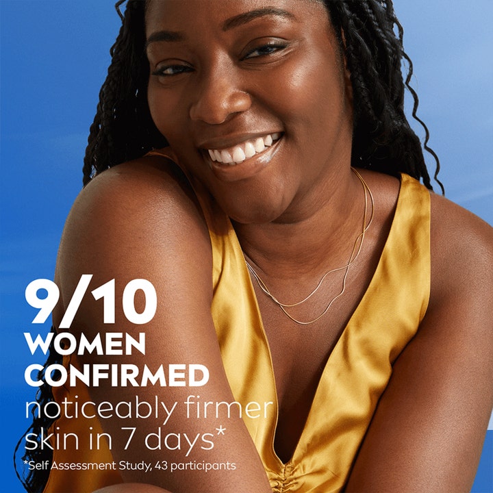 NIVEA Q10 Vitamin C Body Lotion 250 ml opstrammende pleje vist med smilende kvinde og tekst om fastere hud