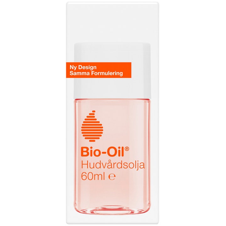 Bio-Oil Bio-Oil 60 ml hudplejeolie mod ar i klar flaske med ferskenfarvet olie og orange banner på æsken.