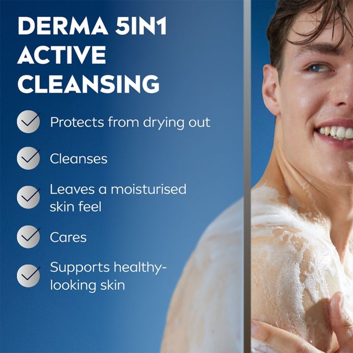 Nivea Men Sensitive Shower Gel 250 ml 3-i-1 kropsvask med beroligende bambusekstrakt i hvid flaske med blåt låg.