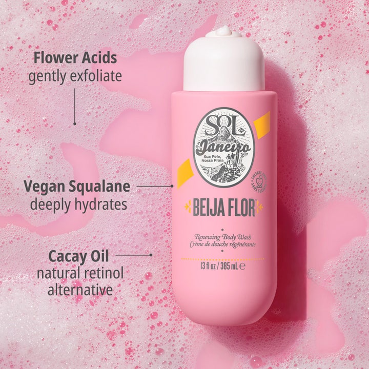 Sol de Janeiro Beija Flor Skin-Renewing Body Wash 385 ml fornyende bodyshampoo med squalane i lyserødt badeskum