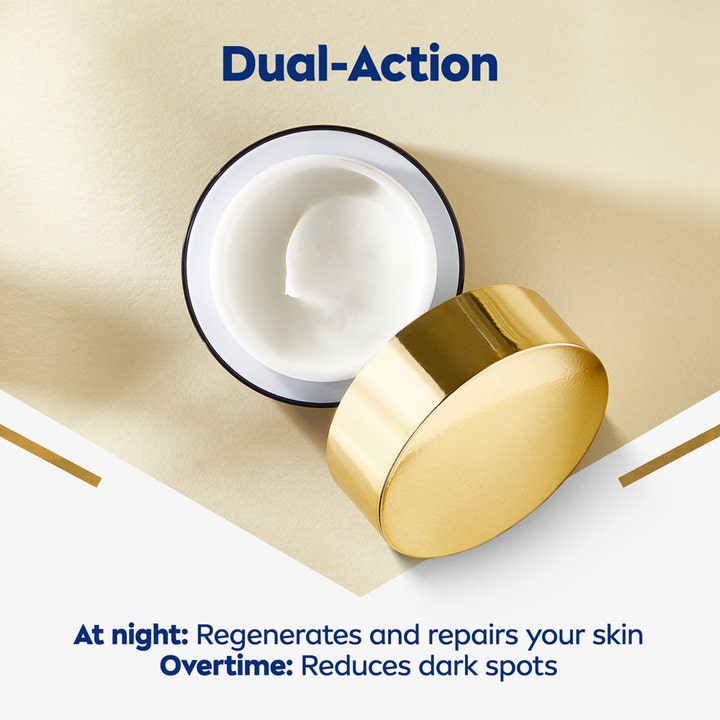 NIVEA Luminous630 Anti Dark-Spot Night Cream 50 ml natcreme mod mørke pletter viser hvid tekstur og guld låg.