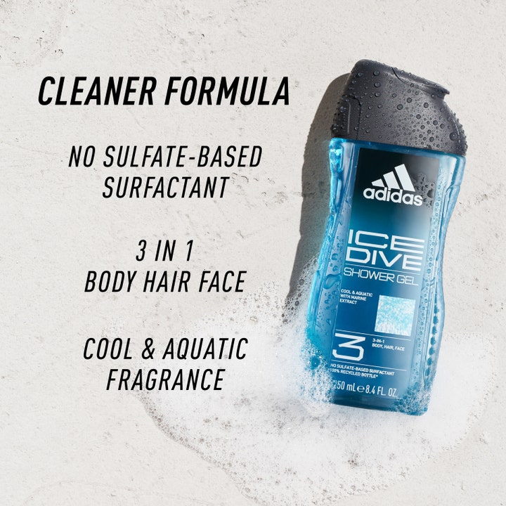 Adidas Ice Dive 250 ml 3-i-1 showergel med marine extract og cleaner formula i blå flaske omgivet af hvidt skum