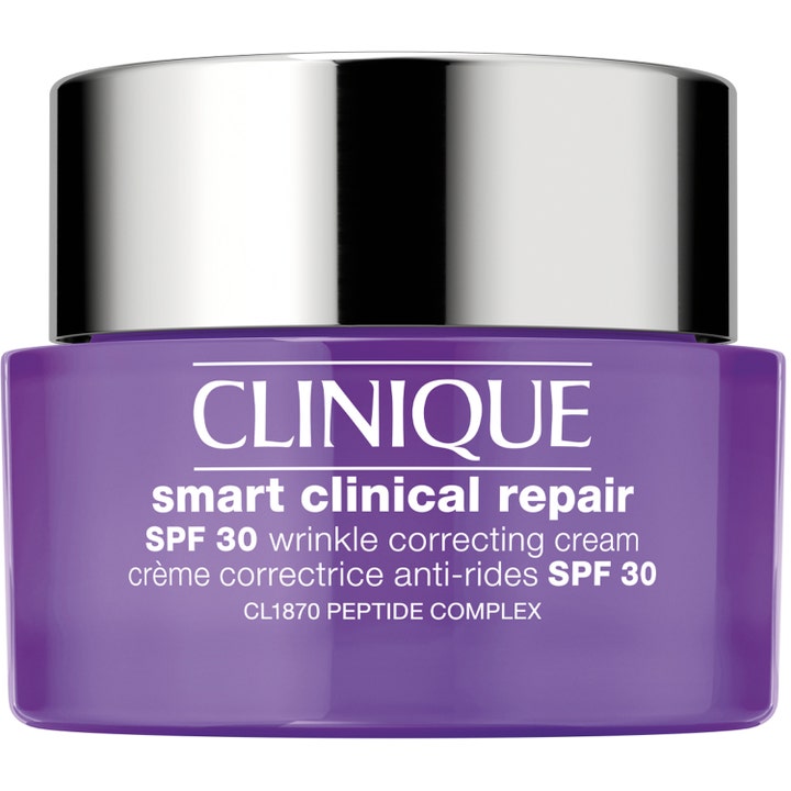 Clinique Smart Clinical Repair SPF 30 rynkekorrigerende ansigtscreme i en lilla krukke med blankt sølvlåg