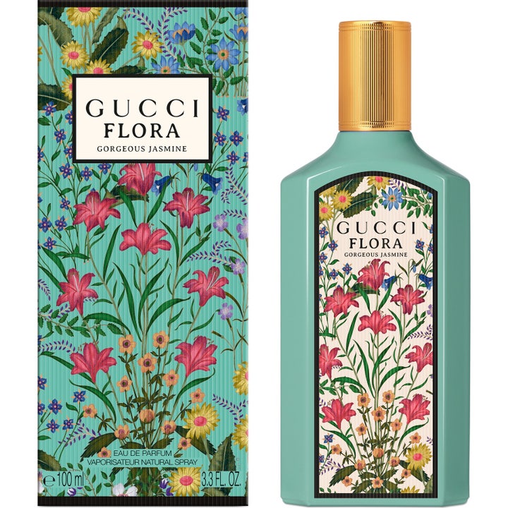Gucci Flora Gorgeous Jasmine Eau de Parfum 100 ml dameparfume i turkis glasflakon med guldhætte og matchende æske