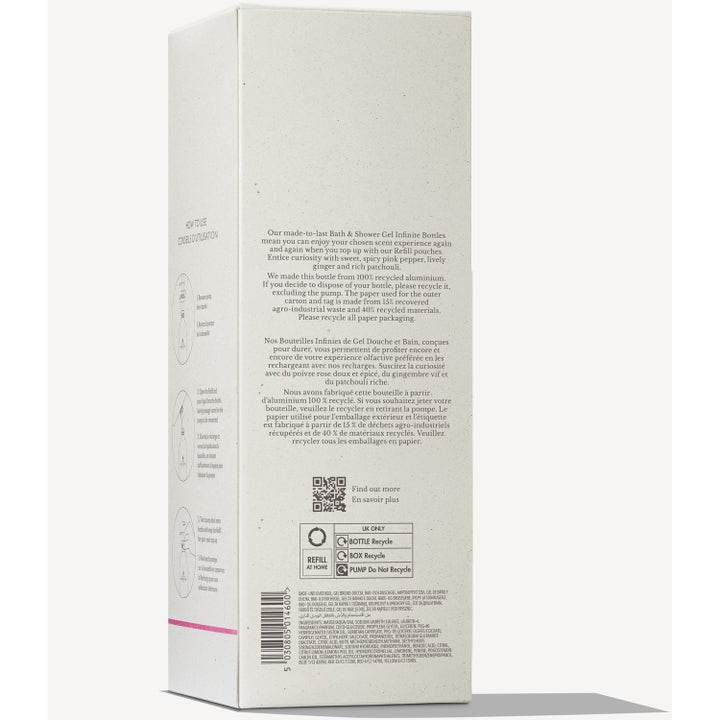 Molton Brown Infinite Bottle Fiery Pink Pepper Bath & Shower Gel 400 ml showergel i hvid papæske med instruktioner