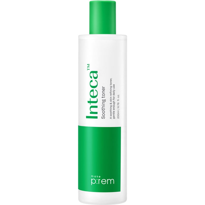 Make P:rem Inteca Soothing Toner 200 ml beroligende skintonic i hvid plastflaske med grønt låg og grønne detaljer.