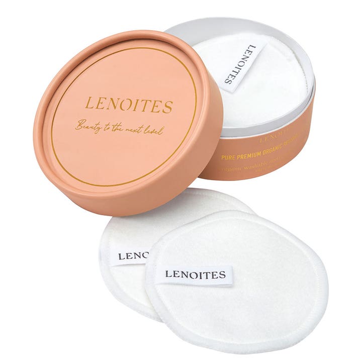 Lenoites Pure Premium Organic Reusable Makeup Remover Pads 7 stk vaskbare rondeller i ferskenfarvet dåse