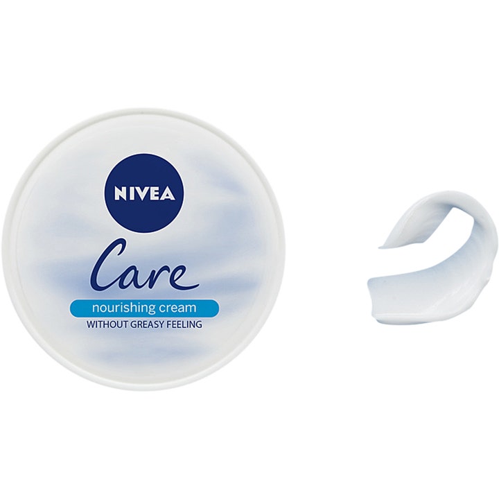 NIVEA Care Nourishing 200 ml nærende bodylotion med hvidt låg og en let cremet tekstur uden fedtet følelse