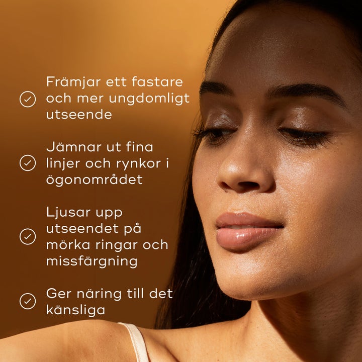 Medik8 C-Tetra Eye 7 ml øjenserum mod mørke rande vist på en kvinde med tekst om hudens fasthed og glød