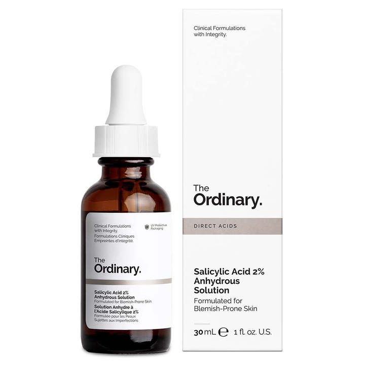 The Ordinary Salicylic Acid 2% Anhydrous Solution 30 ml eksfolierende serum i mørk glasflaske med hvid pipette.