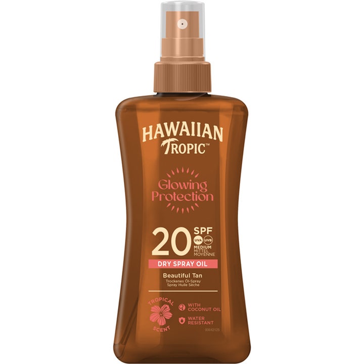 Hawaiian Tropic Glowing Protection SPF 20 200 ml sololie i brun sprayflaske med kokosolie der giver glød.