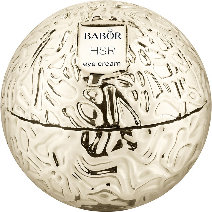 Babor HSR Lifting Eye Cream 20 ml opstrammende øjencreme i en luksuriøs guldfarvet kugleformet krukke med struktur.