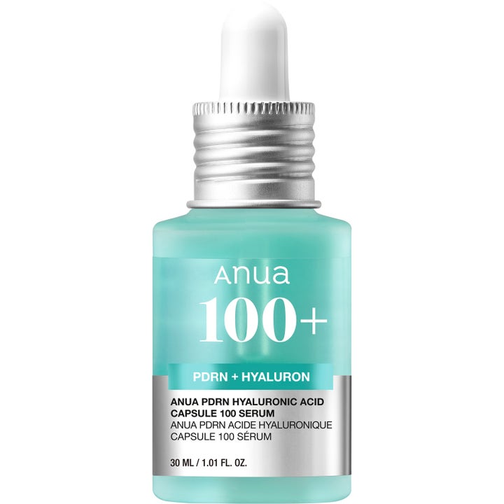 Anua PDRN Hyaluronic Acid Capsule 100 Serum 30 ml fugtgivende serum i turkis flaske med sølvlabel og hvid pipette.