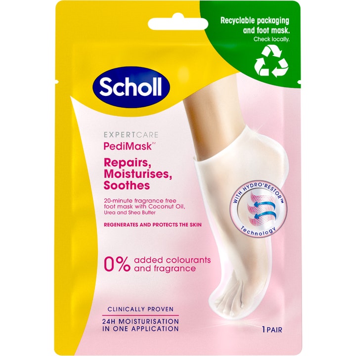 Scholl ExpertCare PediMask 1 par plejende fodmaske i gul og lyserød pakke der viser en fod i en hvid sok