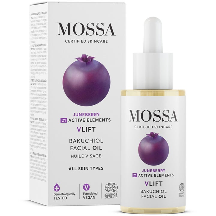 MOSSA VLIFT Bakuchiol Facial Oil 30ml opstrammende ansigtsolie i glasflaske med hvid pipette og lilla bær