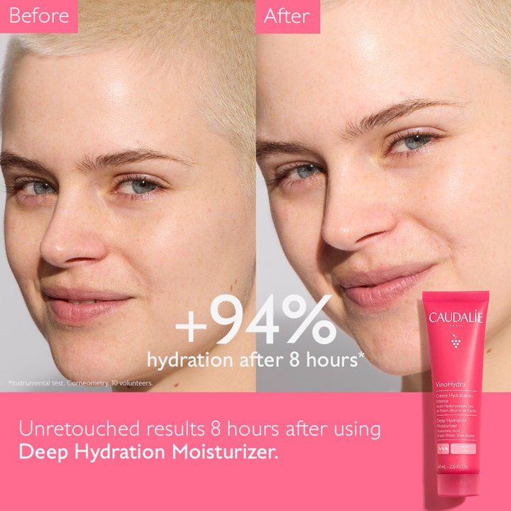 Caudalie Vinohydra Deep Hydration Moisturizer 60 ml ansigtscreme viser før og efter resultat med 94% mere fugt.